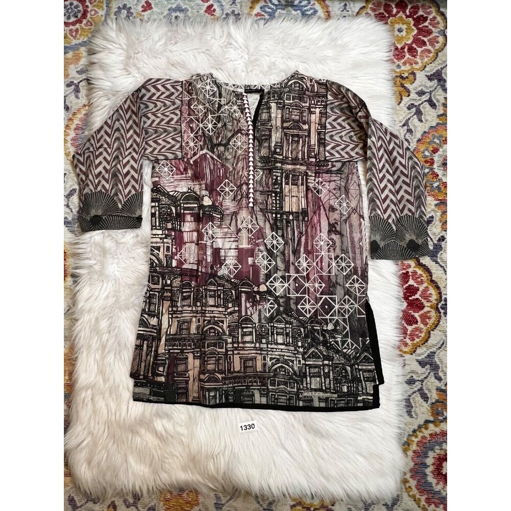 Alkaram Studio Womens Tunic Lg Cotton Multicolor 3/4 Sleeve V Neck Geometric